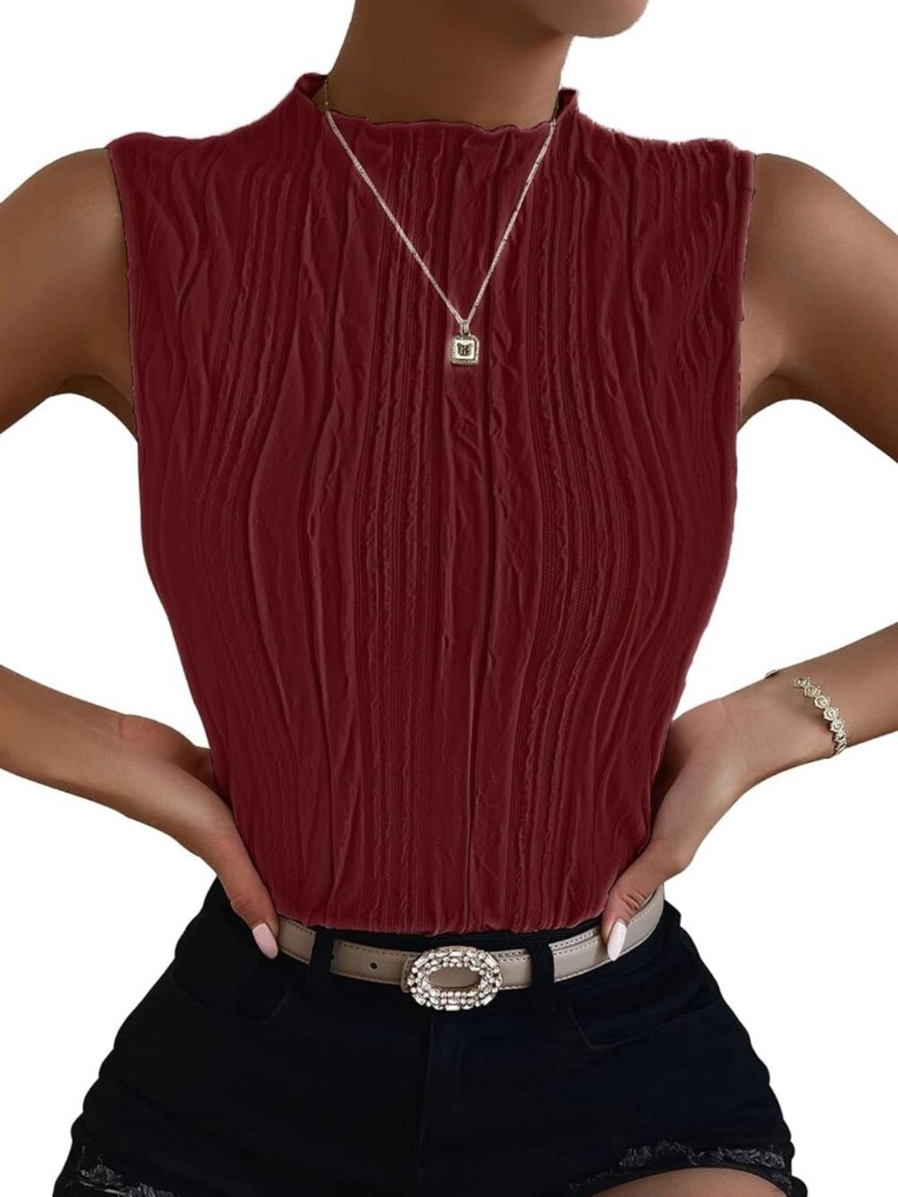 Women Mock Neck Textured Tank Top Corporate Business Office Outfits